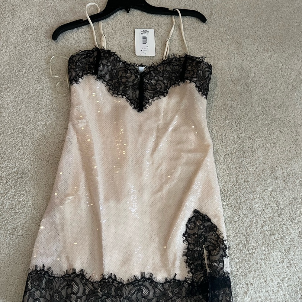 Sequined Lace Slip Dress - Black & Blush